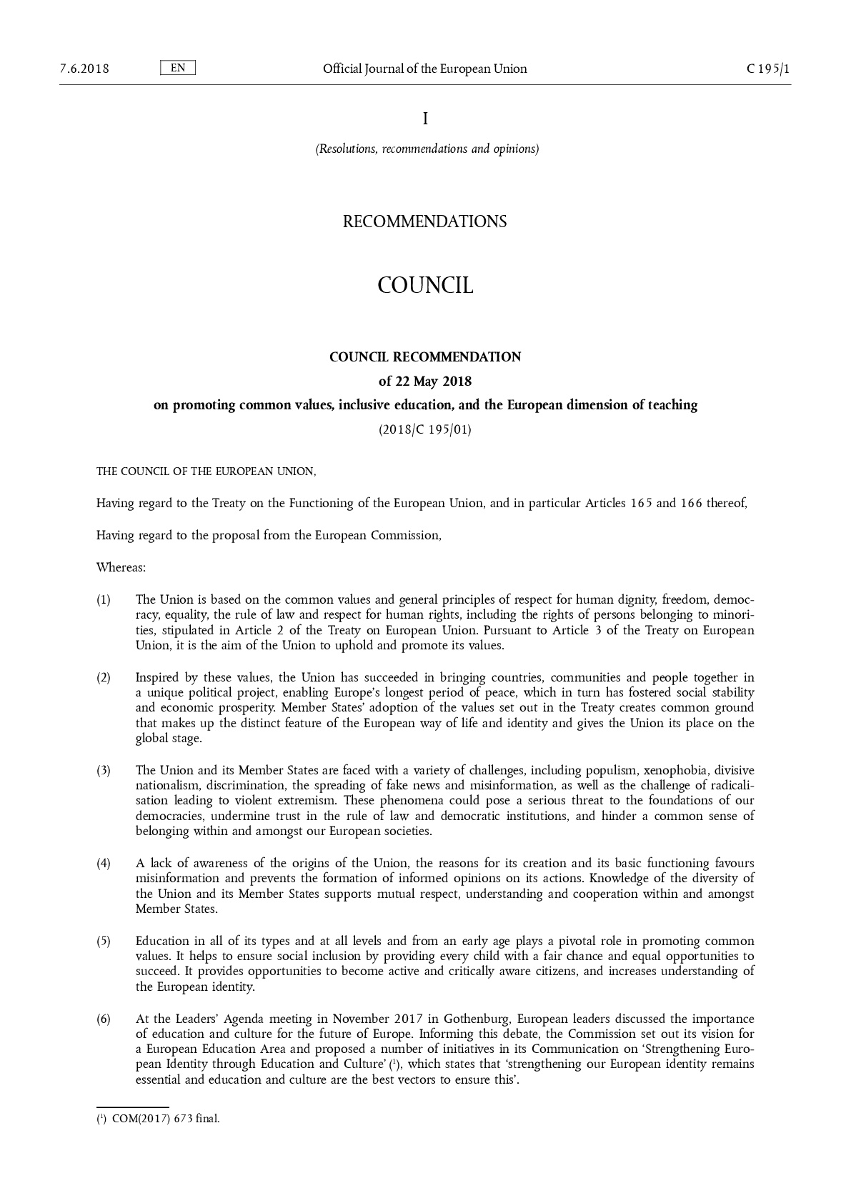 COUNCIL RECOMMENDATION of 22 May 2018 on promoting common values, inclusive education, and the European dimension of teaching (2018/C 195/01)