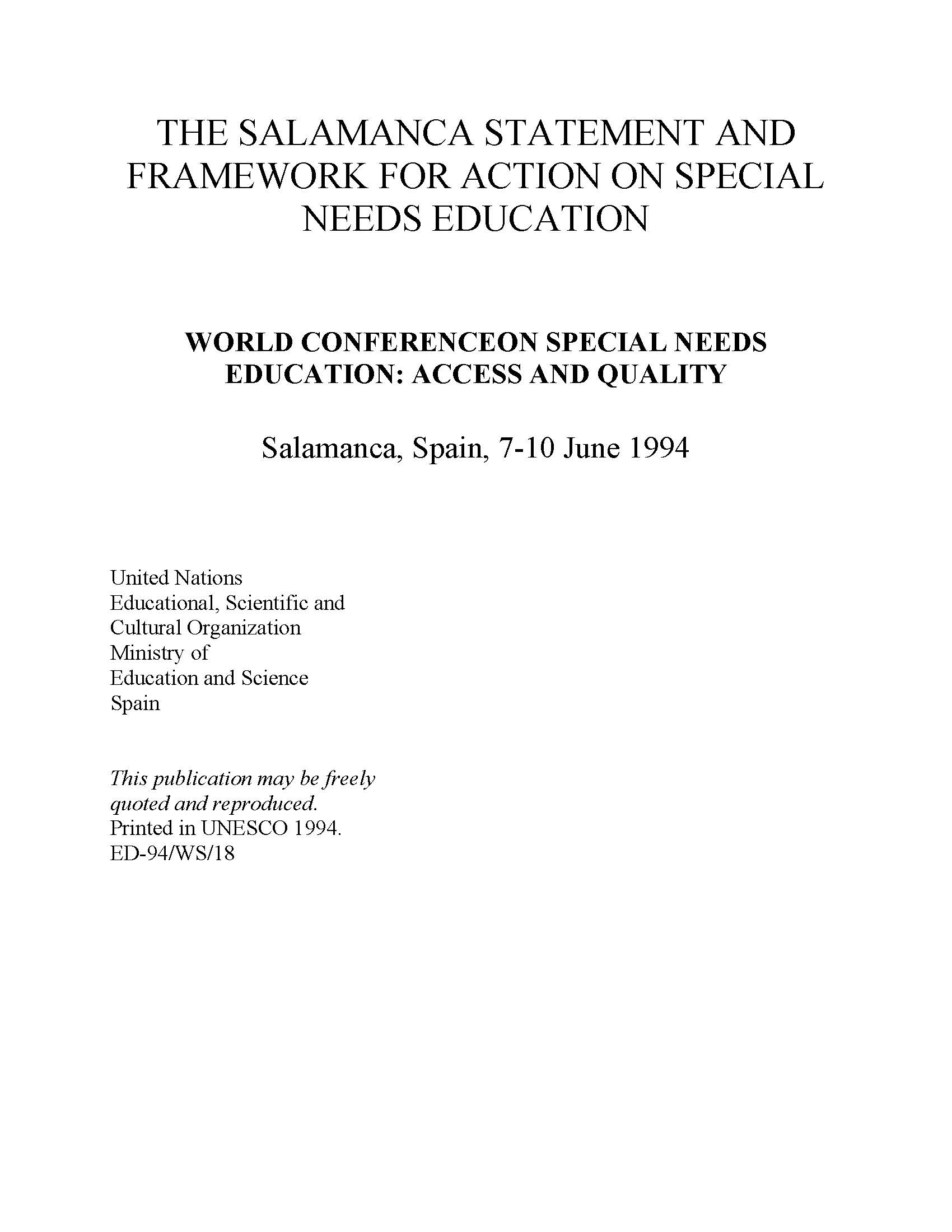 The Salamanca statement and framework for action on special needs education