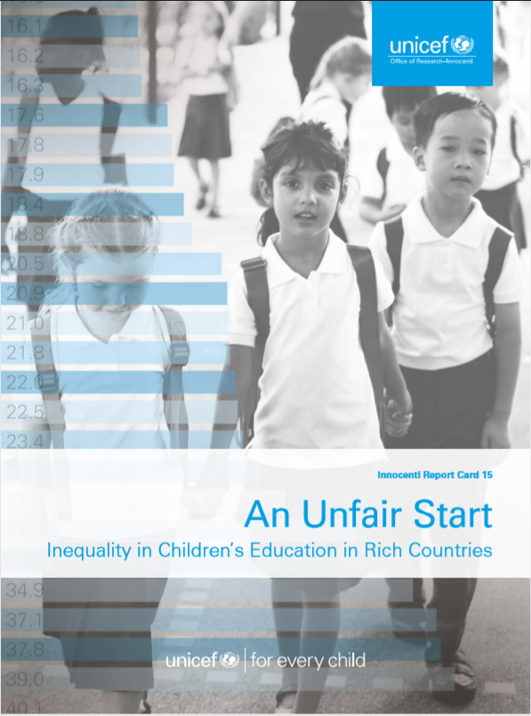 Black and White cover of 3 children with school uniforms holding hands and blue title and logo
