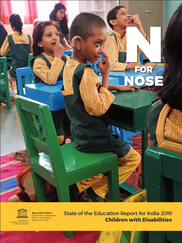 Kids in a classroom that are pointing to their Nose and the Caption says "N" for Nose.